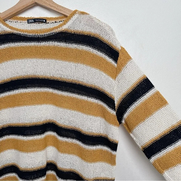 Zara Womens  Small Striped Rustic Mustard Cotton Knit Sweater - Picture 5 of 13